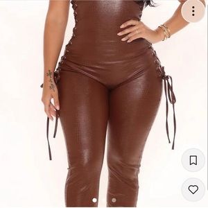 Fashion Nova brown faux leather jumpsuit size xs, side straps are adjustable